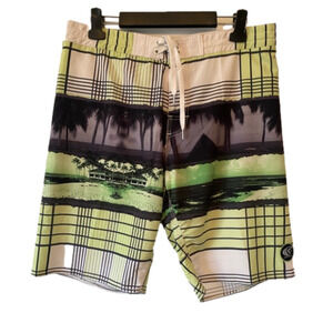 Wave Life Men's XL Swim‎ Board Shorts Green Black Swim Beach Travel Resort NWT